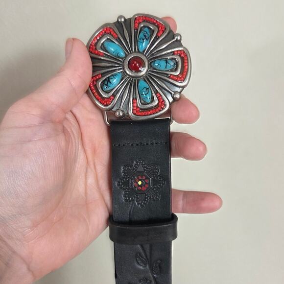 Southwestern Black Floral Embossed Leather Turquoise & Red Concho Buckle small